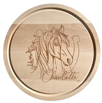 Frühstücksbrettchen mit Gravur, individuelles rundes Holzbrett, 25 cm | Name für Kinder, Mädchen & Jungen, Als Geschenk zum Geburtstag, Taufe, Pferd