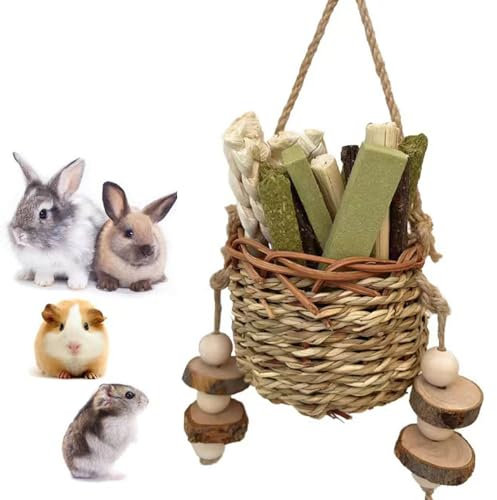 Kauspielzeug für kleine Haustiere, Kaninchenkäfig Hängespielzeug mit Grasball Karottenspielzeug für Kaninchen, Chinchilla, Meerschweinchen, Hamster, Zähneknirschen
