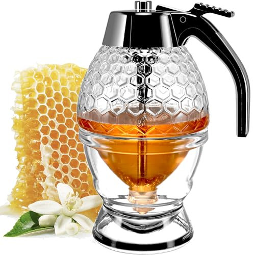 Ahhute Dispenser per miele in plastica di alta qualità con supporto, design antigoccia, barattolo da 230 ml, perfetto per sciroppo d'acero, coperchio ribaltabile, elegante vaso per miele