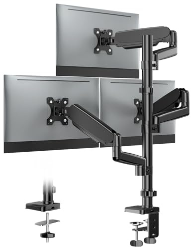 Dreifache Monitorhalterung für 33-81,3 cm (13 - 32 Zoll) Bildschirme, Gasfederverstellung, dreifacher Monitorständer, hält 8 kg pro Arm, neigbar, schwenkbar, drehbar, mit Klemme und Tüllen-Set, max
