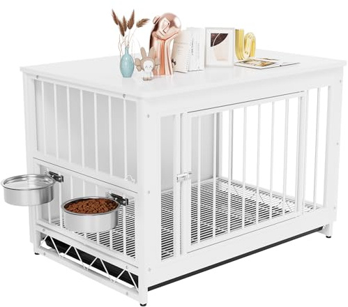 Hundbur för hemmet, hundbur i trä, 93 x 64 x 58 cm, hundhus för inomhus med avtagbar bricka, hundkoja med 2 hundskålar och dörr, hundlåda för medelstora små hundar upp till 40 kg, vit