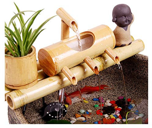 Bamboo Garden Zen Water Fountain with Pump, Indoor/Outdoor Ornaments, 7.8-Inch Round Flat Base, Smooth Split-Resistant Bamboo, Container Not Included indoor fountain