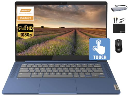 Lenovo Chromebook - Laptop delgada con pantalla táctil de 14 pulgadas, 8 núcleos MediaTek Kompanio 520, 4 GB de RAM, 128 GB de almacenamiento (eMMC de 64 GB + tarjeta de 64 GB), WiFi 6, batería larga