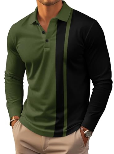 Men's Long Sleeve Polo Shirts Fashion Color Block Golf Polo Shirts Casual Button Shirt Tops