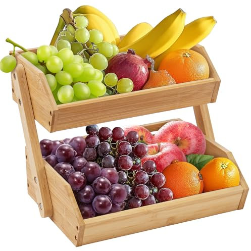 Youyijia Bambus-Obstkorb 2-stöckiger Obstkorb Bambus Obst und Gemüse Aufbewahrung Obstschale für Küchenarbeitsplatte Home Dekorative Lagerung Von Küchenmöbeln (2-stöckiger)