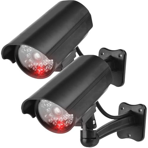 Lot de 2 caméras factice avec LED clignotantes rouges - Support mural - Fausse caméra factice - Pour mur et plafond - Pour intérieur et extérieur - Noir