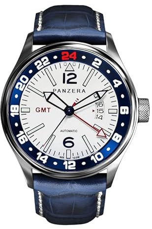 Panzera Flieger 45G Mechanische Automatikuhr Stahl Weiß Blau Saphir Datum Herrenuhr, blau