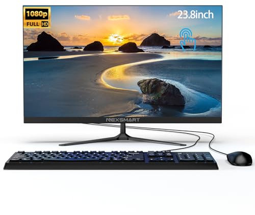 DREAMFYRE All-in-One PC with a 22 Full HD IPS multi-touch display, Celeron N5095 processor, 8GB RAM, and 512GB SSD. Features dual-band WiFi, Bluetooth, and includes a keyboard and mouse