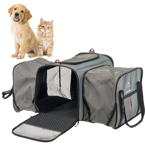 Ferplast Hundebox Voyager Carrier PRO, Transportbox Katze, Hundetasche, verstellbare Griffe und Schultergurt, Sicherheitsgurt, erweiterbar, mit Kissen, max. 15 kg, 49 x 37 x 39 h cm, Grau