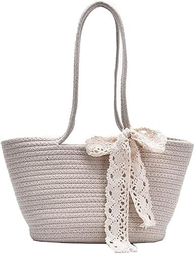 CEHJZQRPL Strandtasche Strohtaschen Handgewebte Strohtasche, Eimer Stroh Strandtasche Gewebte Schultertaschen Rattan Bohemian Sommerurlaub Weiß(White)