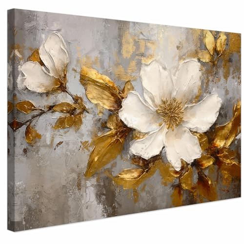 AREDE Bilder Wanddeko auf Leinwand Weiß Gold Blume Art Decor Wohnzimmer Deko Zimmer Wandbilder Modern Bild | 60 x 40 cm | Fertig zum aufhängen