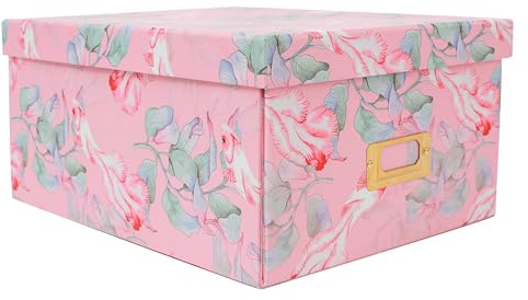MIZFRUZZY Decorative Storage Box with Lid, Foldable, Pink Floral, Metal Label Frame, Vintage, Cardboard Paperboard Keepsake box, Photo Storage for Memory, Home Decor, knick-knacks and Wool Organizer