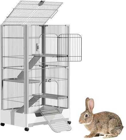 Gaxcent Kaninchenstall 4-Ebenen Mobiler Hasenkäfig 73x50x113cm Kaninchenkäfig mit Schublade & Leiter, Offenem Dach Kleintierkäfig Metall Rattenkäfig für Innen,Weiß