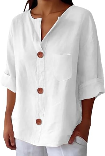 Cocila Camicie in Lino per Donna Estate 2025 Tops alla con Scollo A V E Maniche 3/4 Ampie Aderenti Le Vacanze Spiaggia Camicette Tuniche. Blusa Satin Camicia Oversize Bianca Donna Curvy