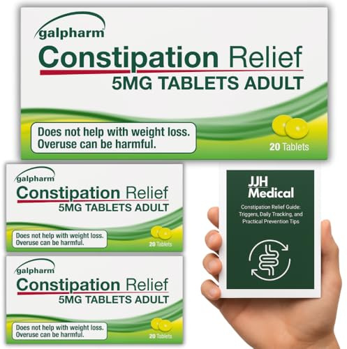 Constipation Relief Laxative 5mg Gastro-Resistant Tablets – 3 Pack of 20 Tablets – Effective Adult Relief- JJH Medical Bundle with Stool Chart & Symptom Tracker