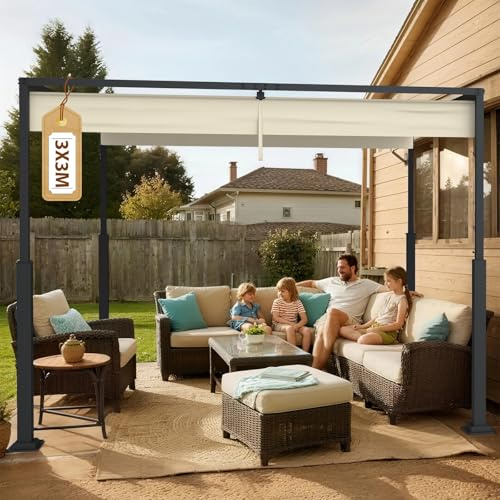 Soontrans Pergola con tetto apribile regolabile 3 x 3 m, copertura per terrazza indipendente per relax, gazebo con struttura in acciaio e fissaggio magnetico, protezione solare per giardino piscina