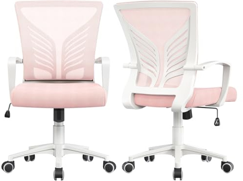 Yaheetech Ergonomisk kontorsstol med rullar, svängbar, ventilerande nätställ med armstöd, justerbar höjd 136 kg (2, rosa)
