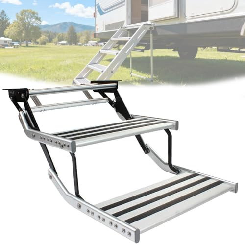 BEESOM Marchepied électrique Rétractable Manuel,avec Barre Lumineuse LED -Résistante 200kg,Rétractable Camping-Car RV Step,Marche Pied Camping Car en Alliage Aluminium Manual-doublelayer