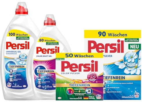 PERSIL Universal Pulver Morgenfrische 90 WL 4,95 kg + PERSIL Universal Kraft-Gel Morgenfrische 100 WL 4,5 L + Pulver Color 50 WL 3 kg + Gel Color 80 WL 3,6 L – Waschmittel für weiße & bunte Wäsche