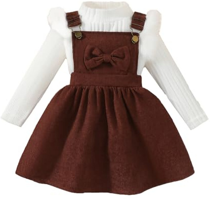 UUAISSO Vêtements pour Bébés Filles Manches Longues Tricot Côtelé Haut Nœud Papillon Velours Côtelé Jupe à Bretelles Tenues Marron 3-4 ans
