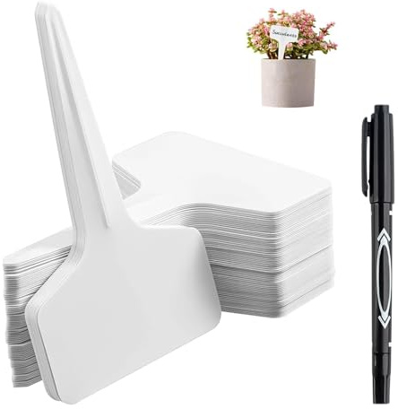 100 PCS Plant Labels, Plant Tags T-Type Garden Markers with Pen, Waterproof PVC Plastic, Writable, Ideal for Herb, Seedling, Vegetable, Flower, Potted Plants, Greenhouse, Outdoor, UV Resistant, 6x10cm