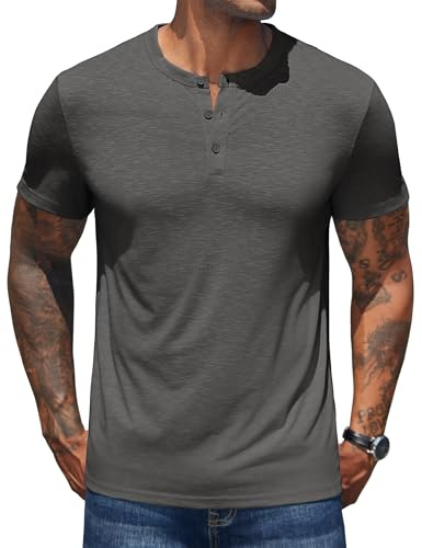 COOFANDY Camiseta Hombre Manga Corta T-Shirt Henley Verano Casual Cuello Redondo con Botones Gris Oscuro M