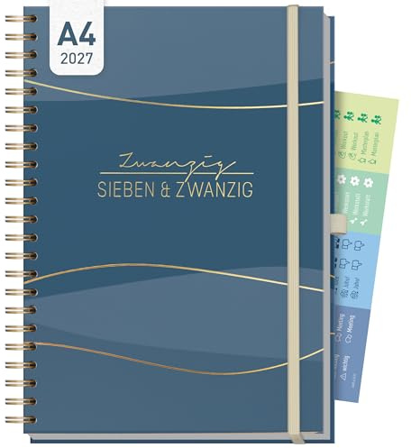 Häfft® Business-Timer Kalender 2027 A4 - Planer Blue Waves | 1 Woche 2 Seiten, Buchkalender Wochenkalender mit 30-Minuten-Intervallen & 120 g/m²-Premium-Papier, Hardcover Terminkalender
