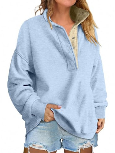 Generiskt överdimensionerade tröjor för kvinnor utan huva stående krage våffelstruktur långärmad knappslå tröja tunika sweatshirt, Ljusblå, XL