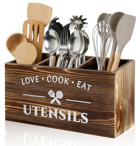 MHYMX Wooden Utensil Holder, Kitchen Utensils Holder Large Utensil Holders Rustic Brown Cutlery Caddy with 3 Compartments Farmhouse Utensil Pot Countertop Storage Organizer