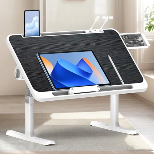WoRaum Klappbarer Laptoptisch mit Schublade, LED & Ventilator – Höhenverstellbarer Schreibtisch für Bett, Sofa, Boden und Outdoor (Gebürstetes Schwarz)