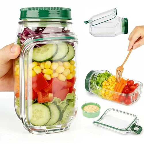 Domisella 700mL Salad Pod Jar, Leak Proof Salad Container with Side Dressing Case, Vertical Layering & Built-In Bowl, Portable Plastic Lunch Box for Salad Fruit Travel Party