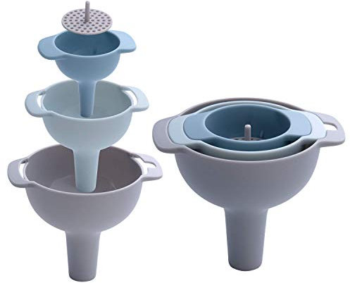Kitchen Funnel Set - Nested Funnels with Handle - 3 Pack Food Grade Plastic Funnels with Detachable Strainer Filter for Transferring of Liquid, Fluid, Dry Ingredients and Powder