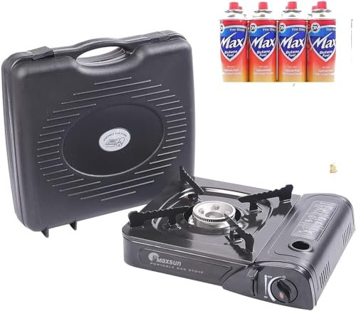 Maxsun Camping Gas Stove, Cooker, Portable Outdoor Single Burner, Available with Camping Gas, Butane Canisters, Lightweight, Safe Perfect for Picnics BBQ with Bonus Bag (stove + 4 Butane gas)