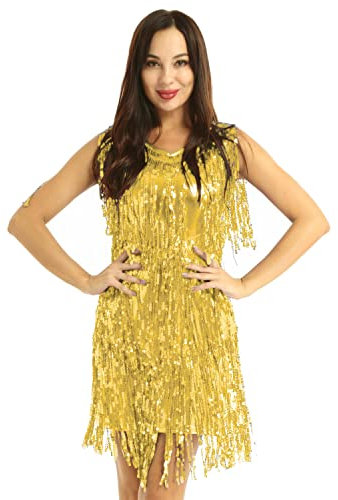 YiZYiF Damen Pailletten Tanzkleid Quasten Rumba Tango Latein Kleid Glitzer Party Cocktail Abendkleid Ballroon Performance Dancewear Gold X-Large