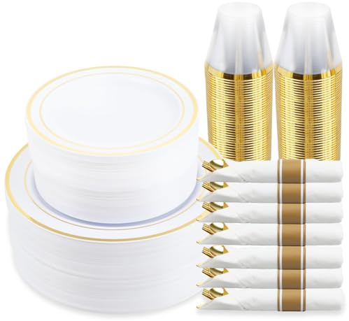 M MCIRCO 350 Piece Gold Dinnerware Set,100 Plastic Plates, 50 Cups,50 Pre Rolled Napkins with Plastic Silverware, Disposable Gold Dinnerware Set for 50 Guest
