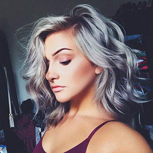 Colorful panda ombre grå kort bob vågig peruk med lugg för kvinnor kort lockigt naturligt hår axellängd värmebeständig syntetiskt hår peruk för Halloween fest dagligen 14 tum