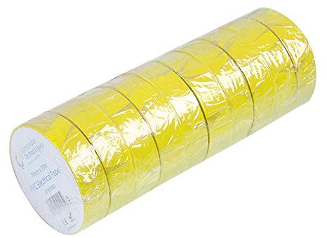 Cinta aislante Yell de 19 mm x 20 m, 10 unidades, material de respaldo de cinta PVC (cloruro de polivinilo), color amarillo, longitud de la cinta: 66.6 pies, longitud de la cinta: métrica 20 m,