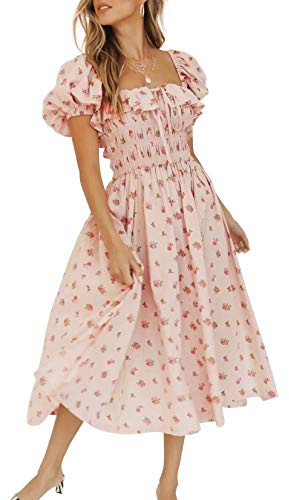 R.Vivimos Women Square Neck Puff Sleeve Floral Midi Dress | Off Shoulder,High Waist,A Line,Flowy,Elastic Smock Bust,Slim Fit,Boho,Vacation,Peasant,MilkMaid,Casual,Cottagecore Dresses