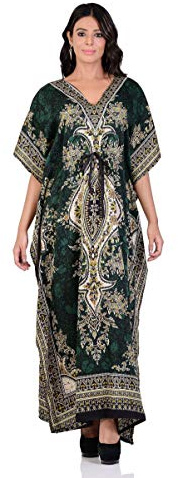 Shah Crafts. Women Kaftan Dress Kimono Caftan Ladies Long Gown Beach Cover up Night Maxi Tunic Dresses Plus Size Green
