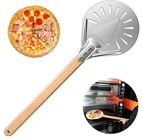 Baanfly 7 Pizza Turning Peel, Non-Stick Pizza Peel, Aluminum Pizza Paddle with Detachable Long Wooden Handle,Professional Pizza Shovel Spatula Pans Pizza Stone Oven Gril for Homemade Pizzas, Baking