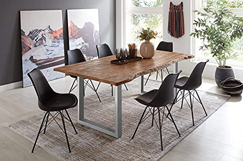SAM 7tlg. Essgruppe Norina 220 x 100 cm, Mangoholz massiv, Baumkantentisch mit U-Metallgestell in Silber + 6X Schalenstuhl Lerche in Schwarz