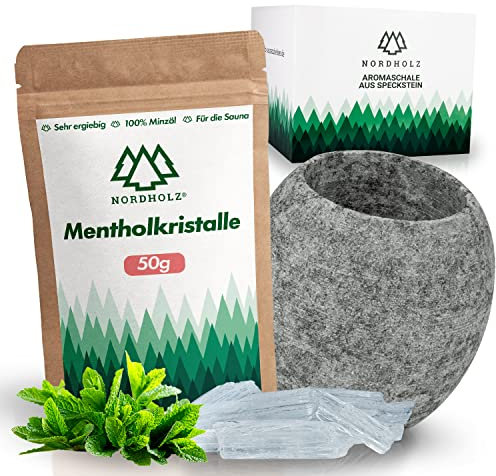 NORDHOLZ® Mentholkristalle Sauna 100g + Aromaschale aus Speckstein Wohltuendes Saunaerlebnis- Sauna Speckstein & Menthol Kristalle für einen langanhaltenden und intensiven Duft