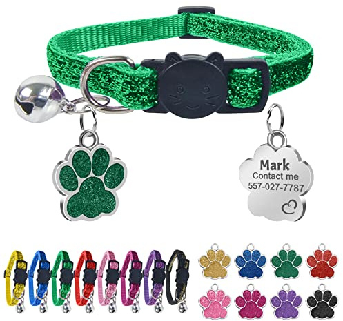 Uiopa Katzenhalsband mit Namen, Katzenhalsband mit Sicherheitsverschluss und Glöckchen, Halsband Katze Personalisiert, Enthalten Prickelnde Hundemarke mit Gravur (Grün)
