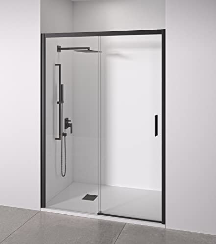 Mampara de ducha frontal 1 corredera + 1 fijo - sin perfilería inferior - Cristal transparente templado 6mm antical - Negro Mate - Ancho adaptable 110 a 115cm - Posición puerta derecha - Alto 195cm