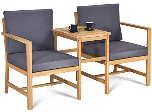 SFAREST Garden Loveseat, 3 In 1 Outdoor Companion Seat Set with Flexible Side Table & Breathable Cushions, Acacia Wood Patio Chair Set for Balcony Poolside Backyard