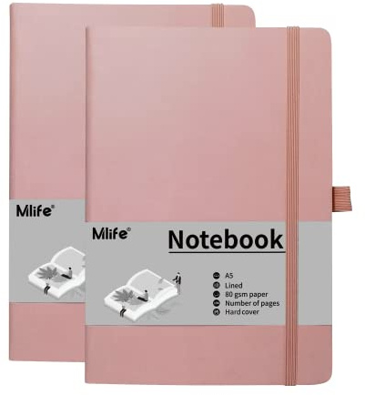 Mlife A5 Anteckningsbok, 2-Pack, 192 Sidor, 80 G/M² Tjockt Bläckresistent Papper, Anteckningsbok Med Hårt Polyuretanomslag, Innerficka, Elastiskt Band, Bullet Journal & Dagbok(Rosa)