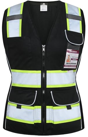 Dib Safety Vest for Women with Pockets, Mesh Reflective Vest High Visibility, ANSI Class 2 Made with 3M Reflective Tape, Black S
