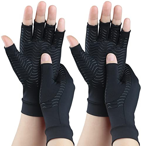 SHIFANQI 2 pares de guantes de cobre para artritis para aliviar el dolor del túnel carpiano, guantes de compresión para aliviar el dolor de manos, hinchazón, guantes de escritura sin dedos para