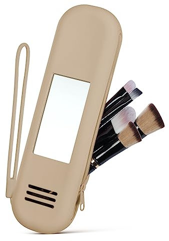 LOPHE Tragbarer Kosmetiktasche,1stk Silikon Makeup Pinsel Halter, Soft and Sleek Pinsel Kosmetiktasche, Make up Pinsel Aufbewahrung Tasche für Reise Organizer Box Schminktasche (Khaki)
