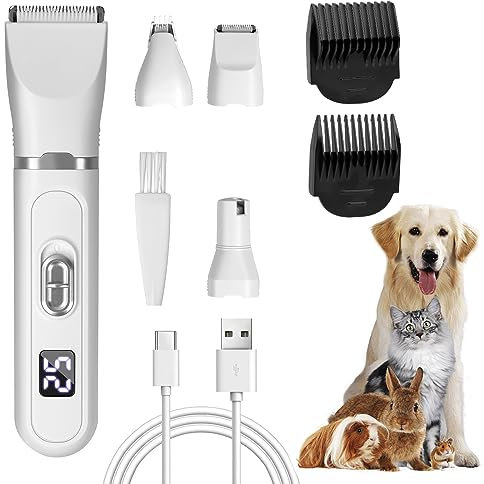Hundeschermaschine,4 in 1 Leise Tierhaarschneidemaschine,Profi Schermaschine Hund Katze mit LED-Anzeige,Wiederaufladbar Schermaschine Hund set für Hunde Katzen Pfoten, Augen, Ohren, Gesicht, Körper